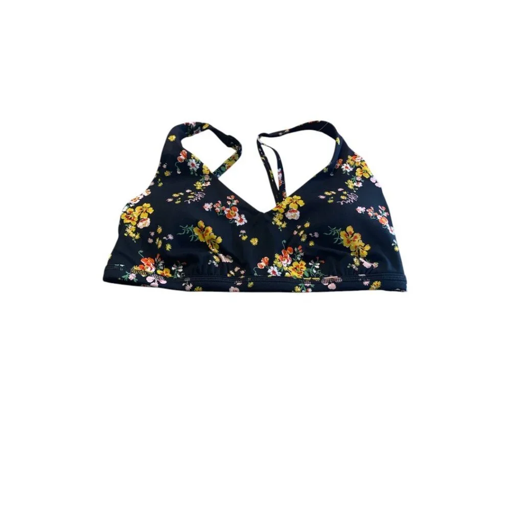 NWT Aerie Offline Floral Print Mesh Back Plunge Sports Bra Black Size Small